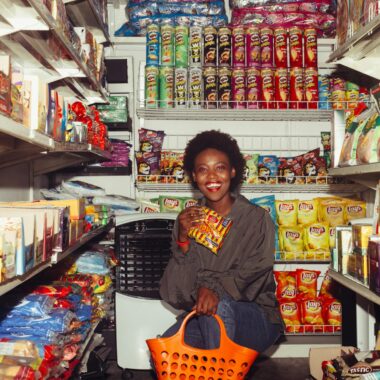 Happy black female in casual clothes with shopping bag demonstrating product squatting among grocery shelves while choosing goods in supermarket